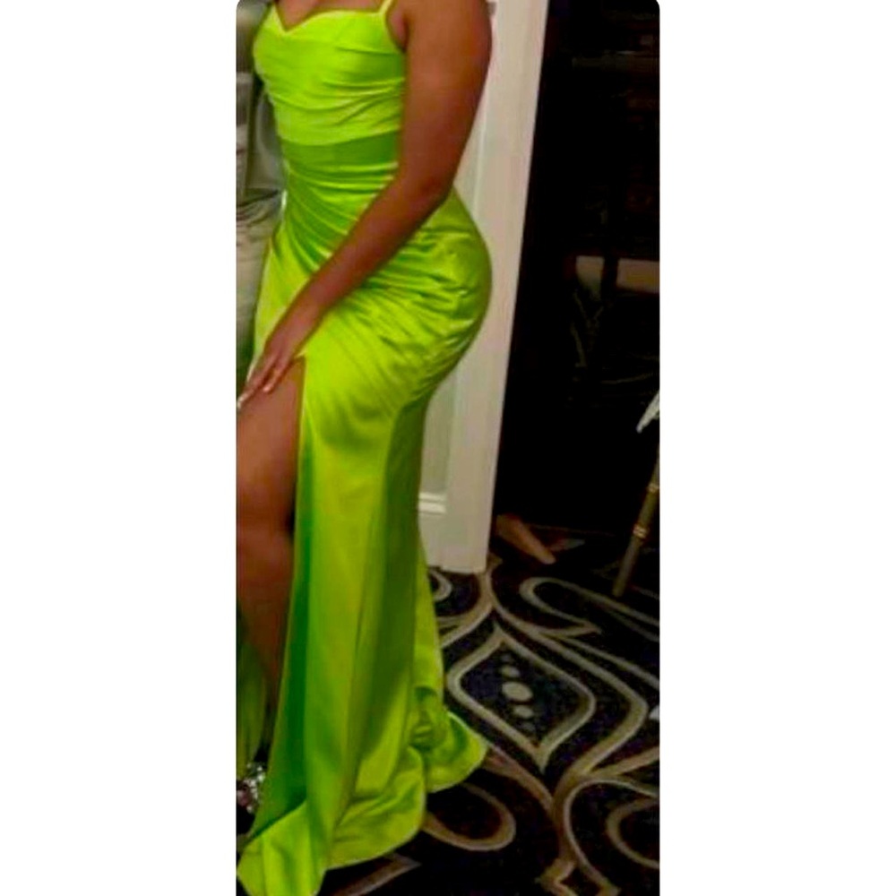 Vera Wang Inspired satin neon green high spilt gown.Pleated for hourglass effect